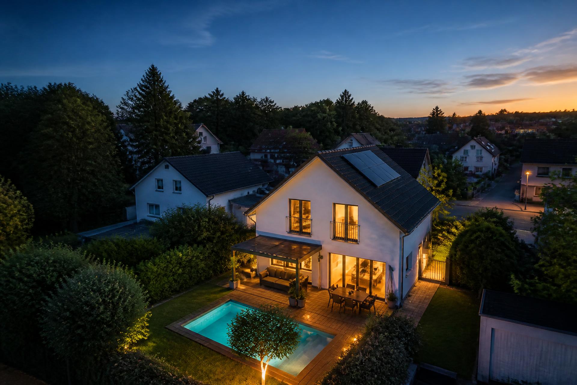Modernisiertes Einfamilienhaus mit Garten, Terrasse, Pool und Solaranlage im deutschen Wohngebiet bei Abendlicht